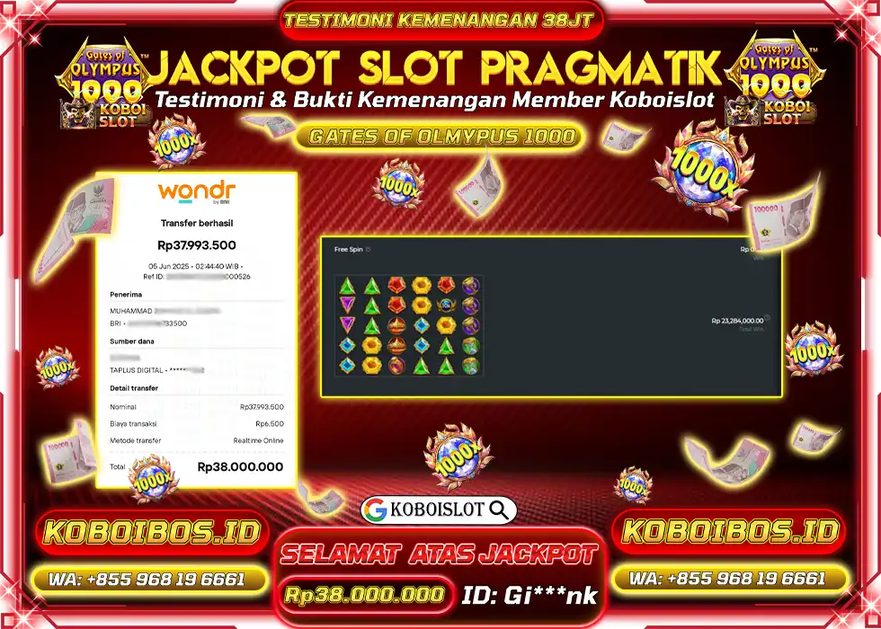 BUKTI KEMENANGAN SLOT GACOR GATES OF OLYMPUS 1000 Rp38.000.000,- LUNAS