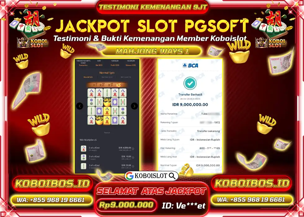 BUKTI KEMENANGAN Ve*** SLOT GACOR MAHJONG WAYS 1 Rp9.000.000,- LUNAS