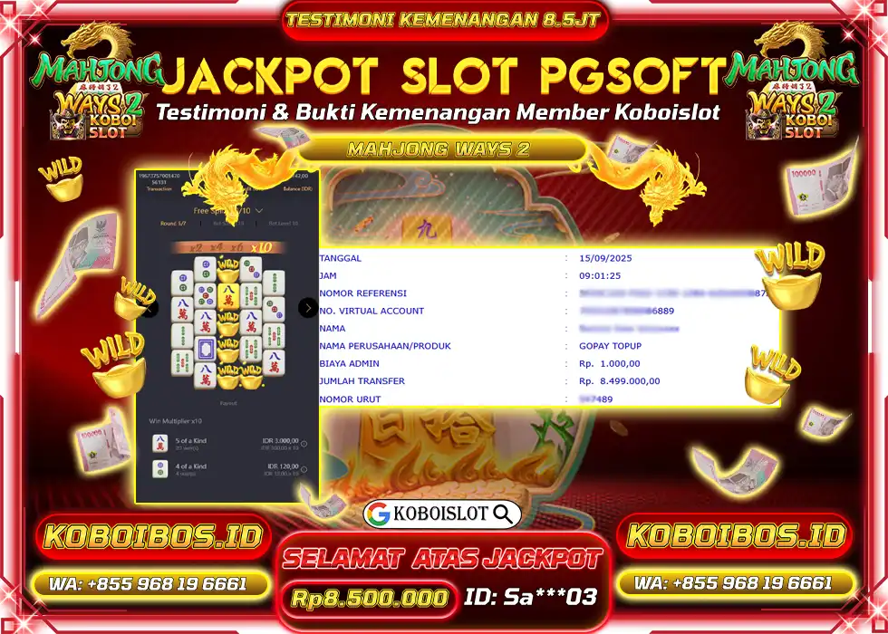 BUKTI KEMENANGAN Sa*** SLOT GACOR MAHJONG WAYS 2 Rp8.500.000,- LUNAS