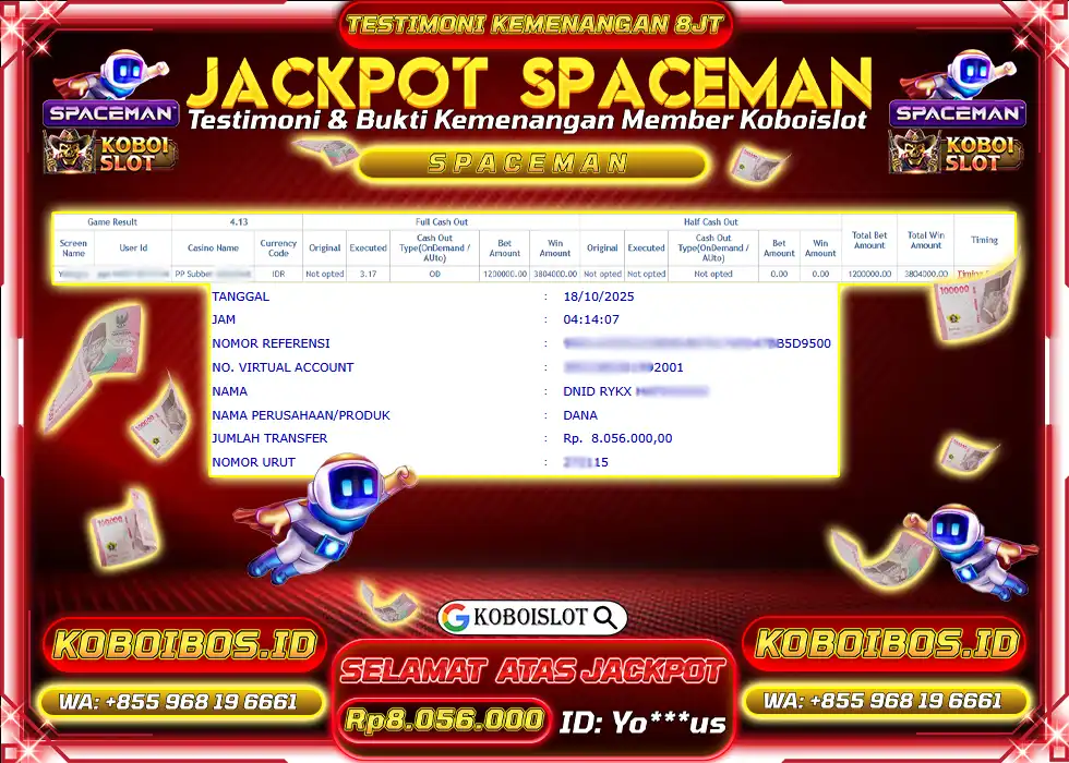 BUKTI KEMENANGAN CRASH GAME SPACEMAN Rp8.056.000,- LUNAS