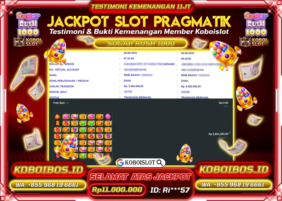 BUKTI KEMENANGAN SLOT GACOR SUGAR RUSH 1000 Rp11.000.000,- LUNAS
