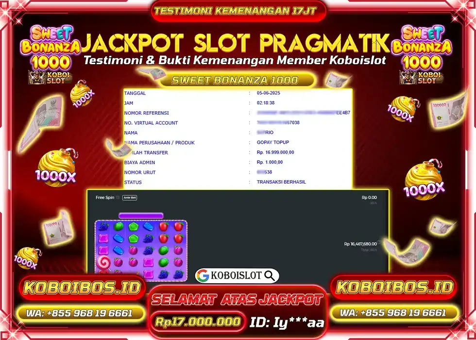 BUKTI KEMENANGAN SLOT GACOR SWEET BONANZA 1000 Rp17.000.000,- LUNAS